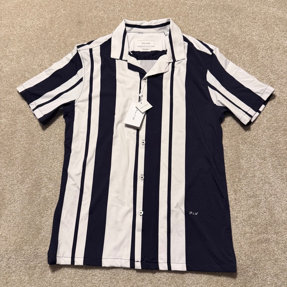 Porter & Ash‎ Button Down Mens Small Navy White Kinetic Stretch Striped Shirt
